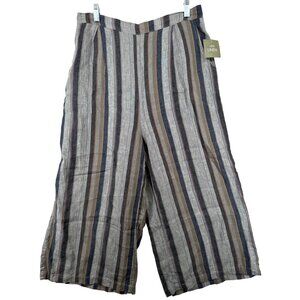 Athena Marie Womens Pants Sz L Gray Striped Cropped 100% Linen Lagenlook Beachy